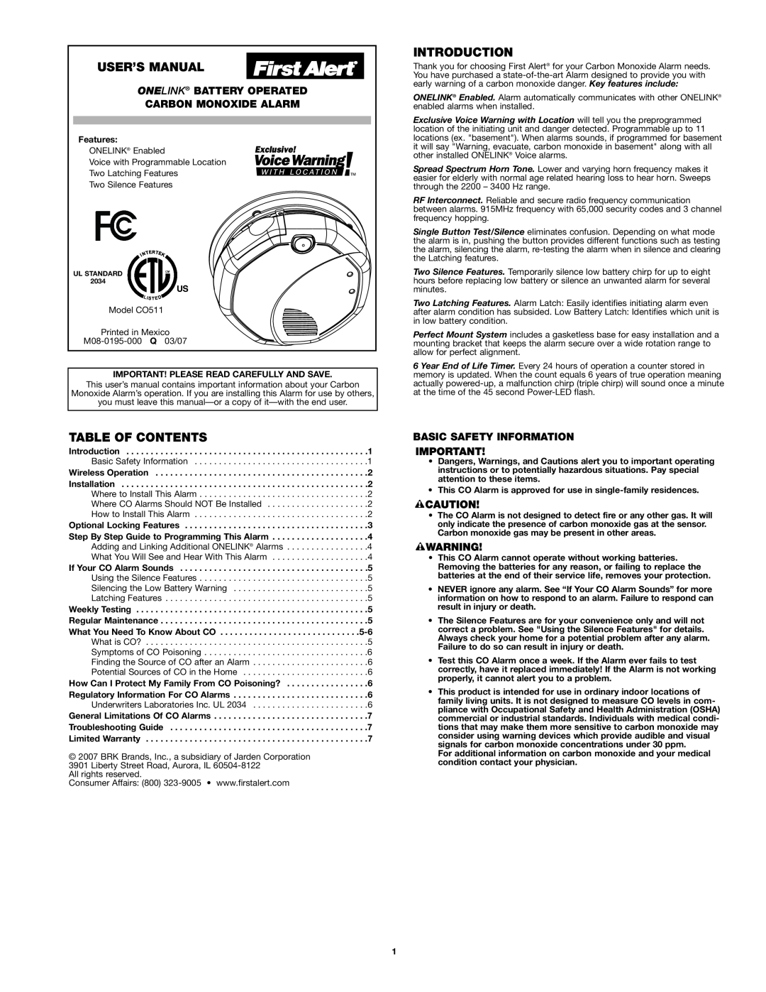 First Alert CO511CN user manual Introduction, Table Of Contents, Onelink Battery Operated, Carbon Monoxide Alarm 