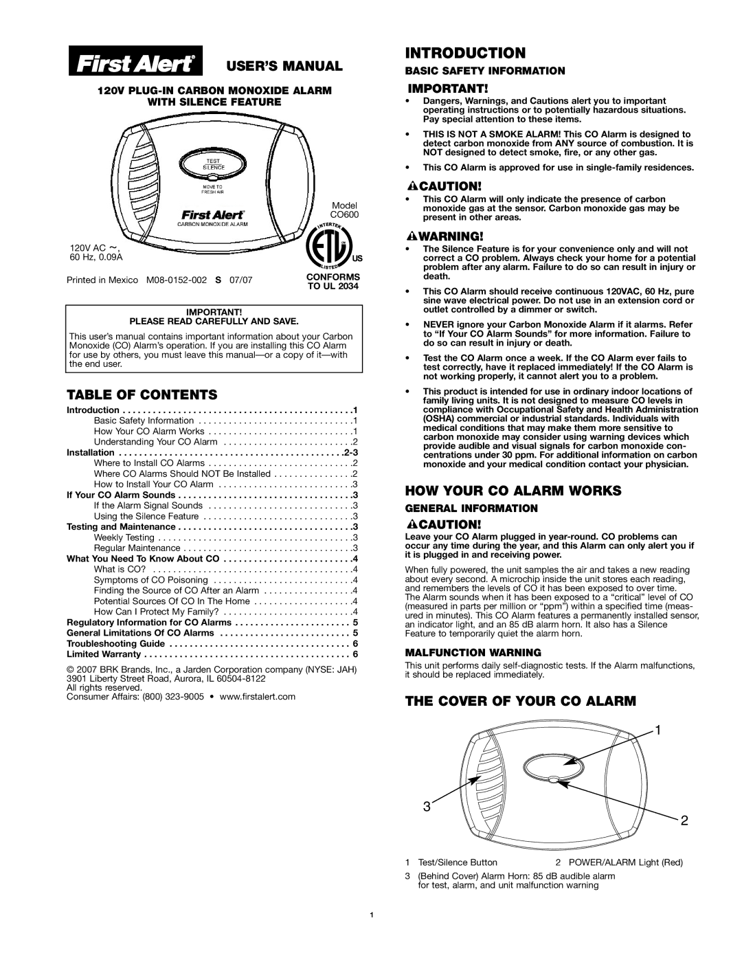 First Alert CO600 user manual Introduction 