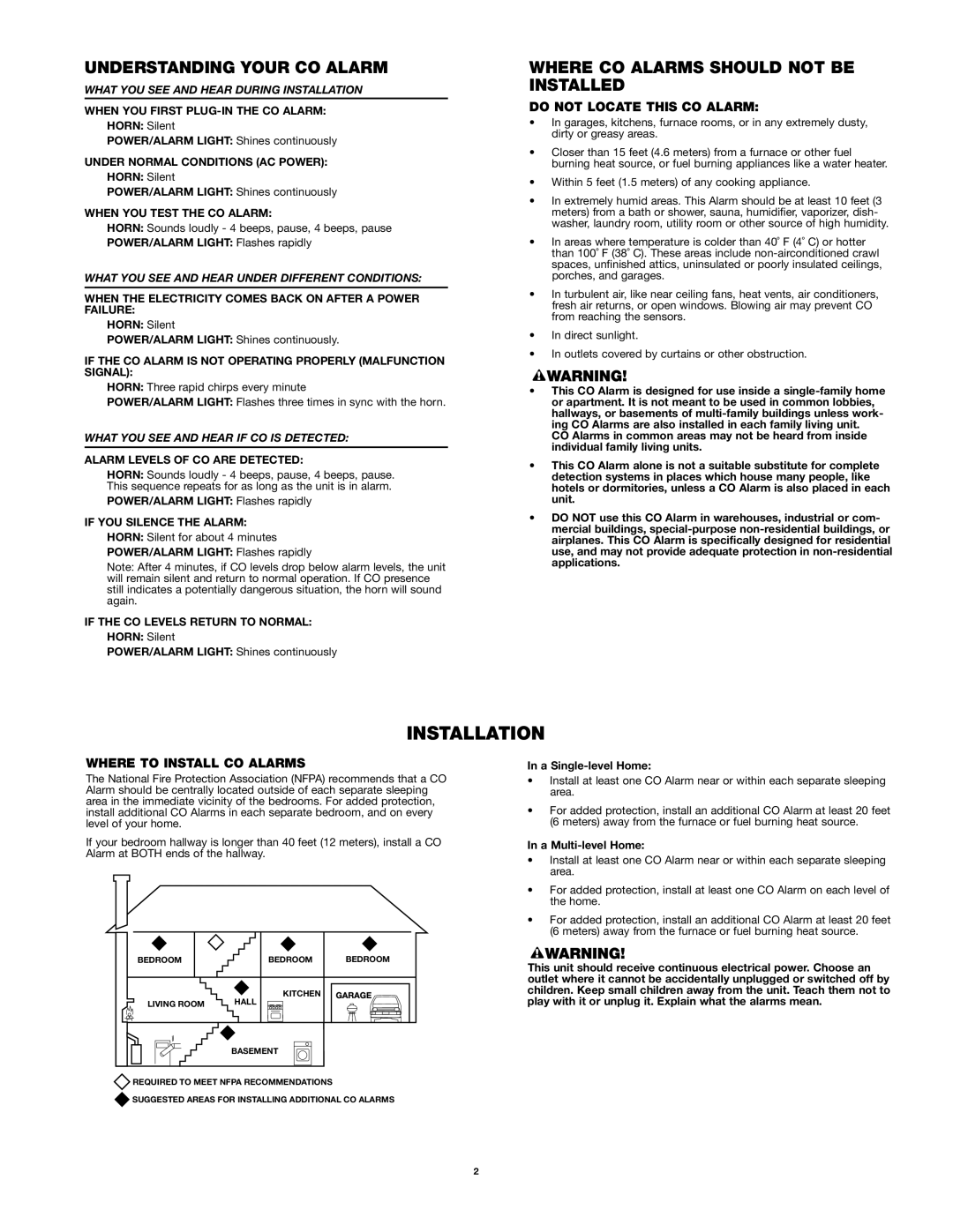 First Alert CO600 user manual Installation, Understanding Your CO Alarm, Where CO Alarms should not be Installed 