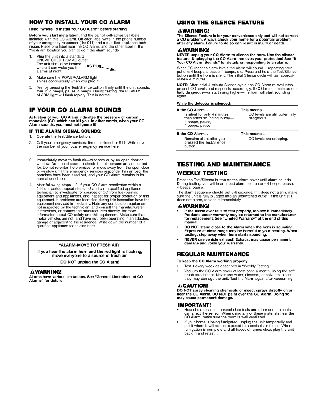 First Alert CO600 user manual If Your CO Alarm Sounds, Testing and Maintenance 