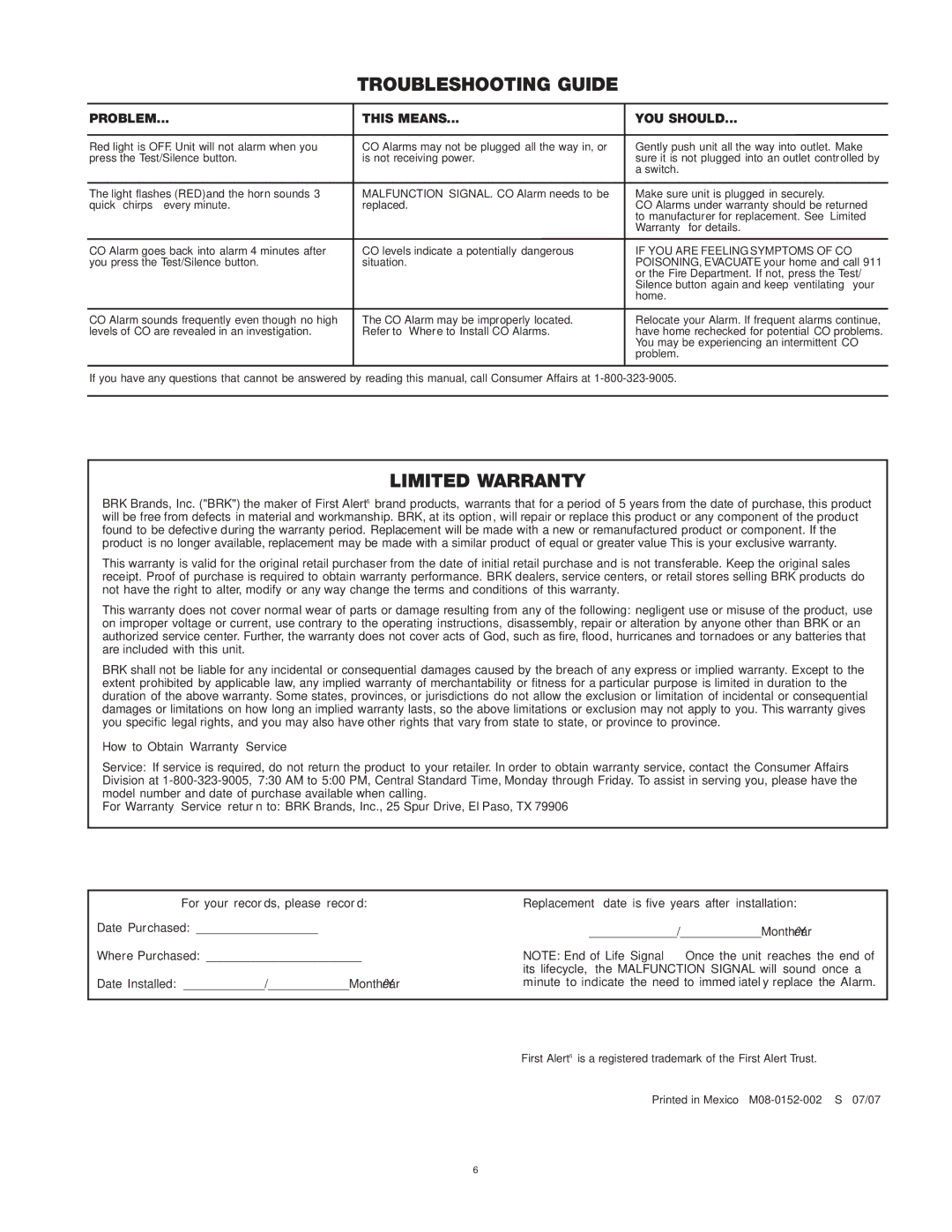 First Alert CO600 user manual Troubleshooting Guide, Limited Warranty, Problem This Means YOU should 