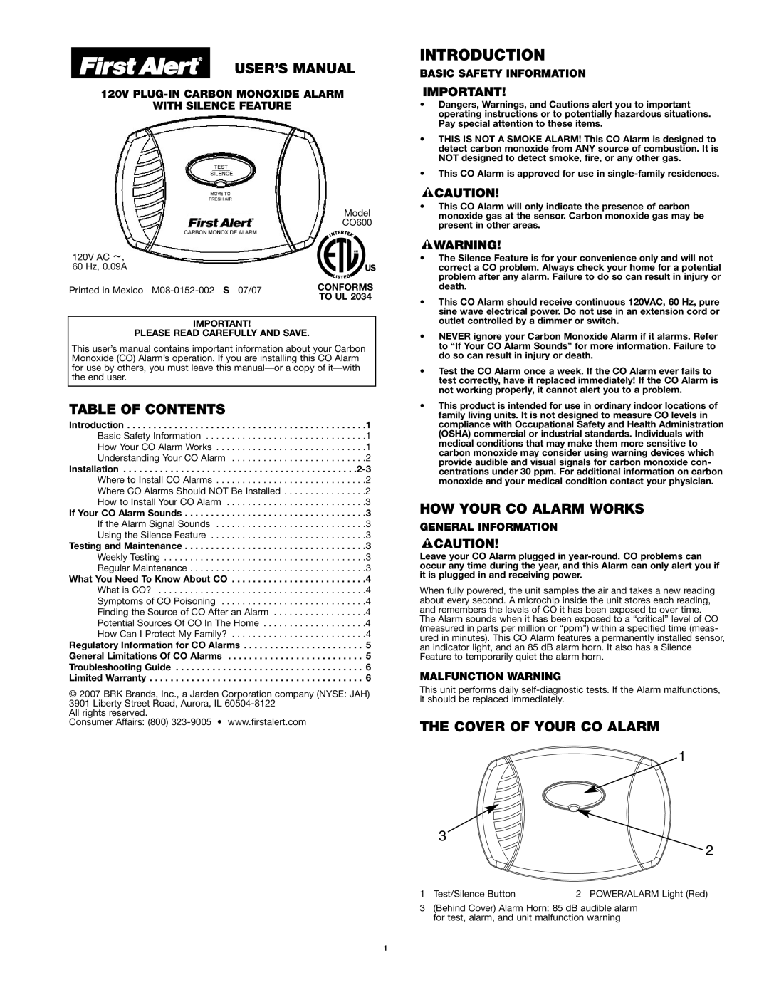 First Alert CO600 user manual Introduction, Table Of Contents, How Your Co Alarm Works, The Cover Of Your Co Alarm 