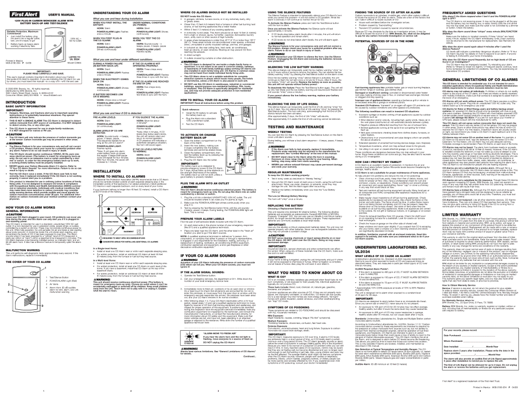 First Alert CO604 user manual Introduction, General Limitations of CO Alarms, Testing and Maintenance, Installation 