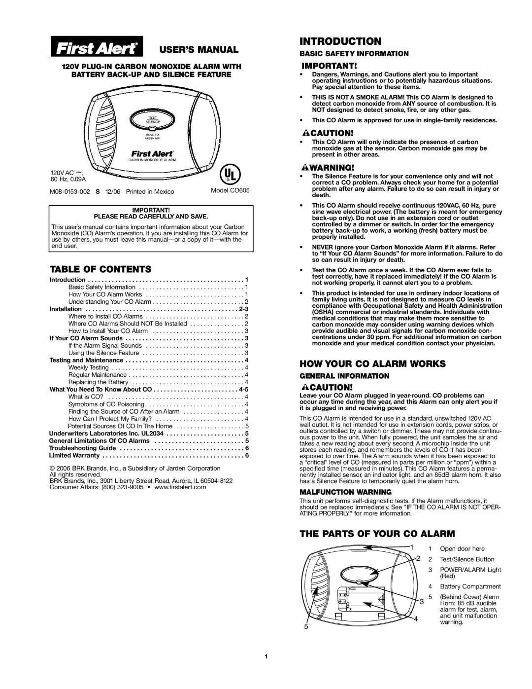 First Alert CO605 user manual Introduction, USER’S Manual, Table of Contents, HOW Your CO Alarm Works 