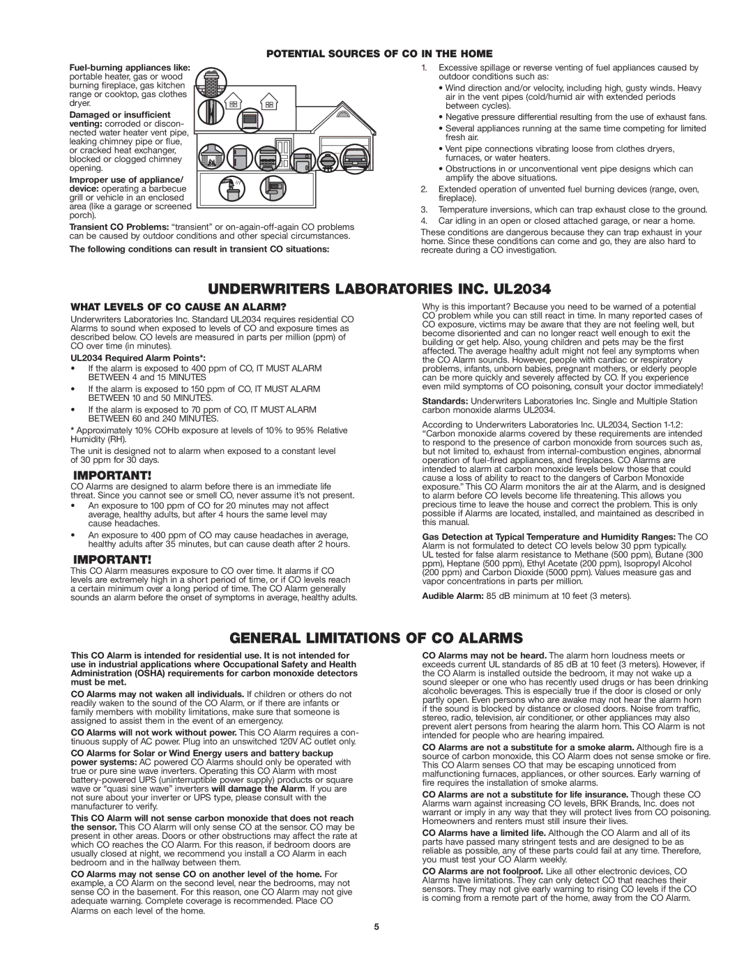 First Alert CO605 user manual Underwriters Laboratories INC. UL2034, General Limitations of CO Alarms 