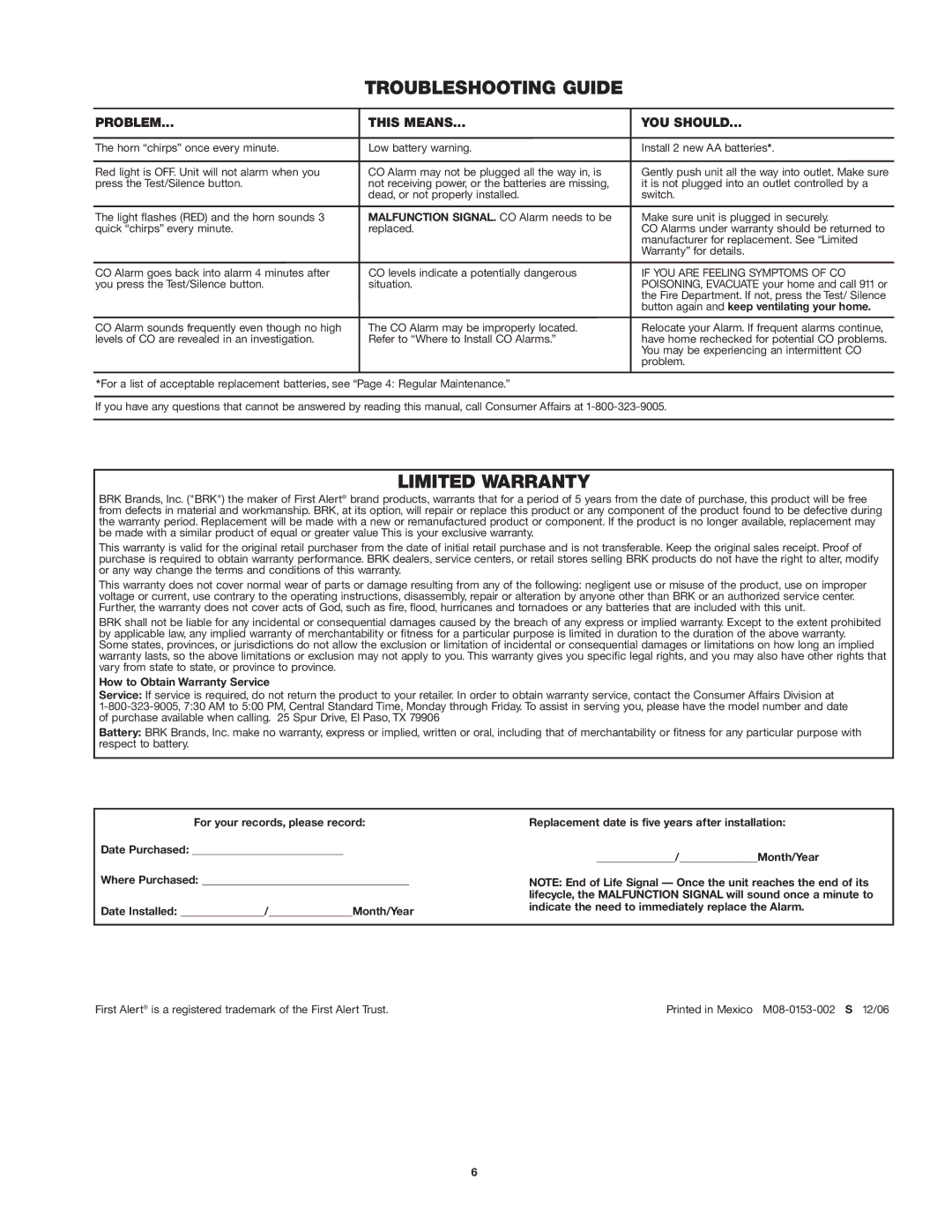 First Alert CO605 Troubleshooting Guide, Limited Warranty, Problem This Means YOU should, How to Obtain Warranty Service 