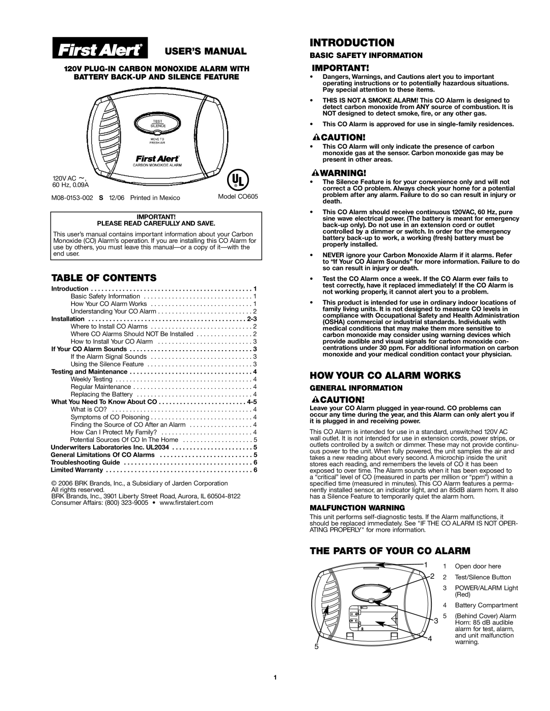 First Alert CO605 user manual Introduction, Table Of Contents, How Your Co Alarm Works, The Parts Of Your Co Alarm 