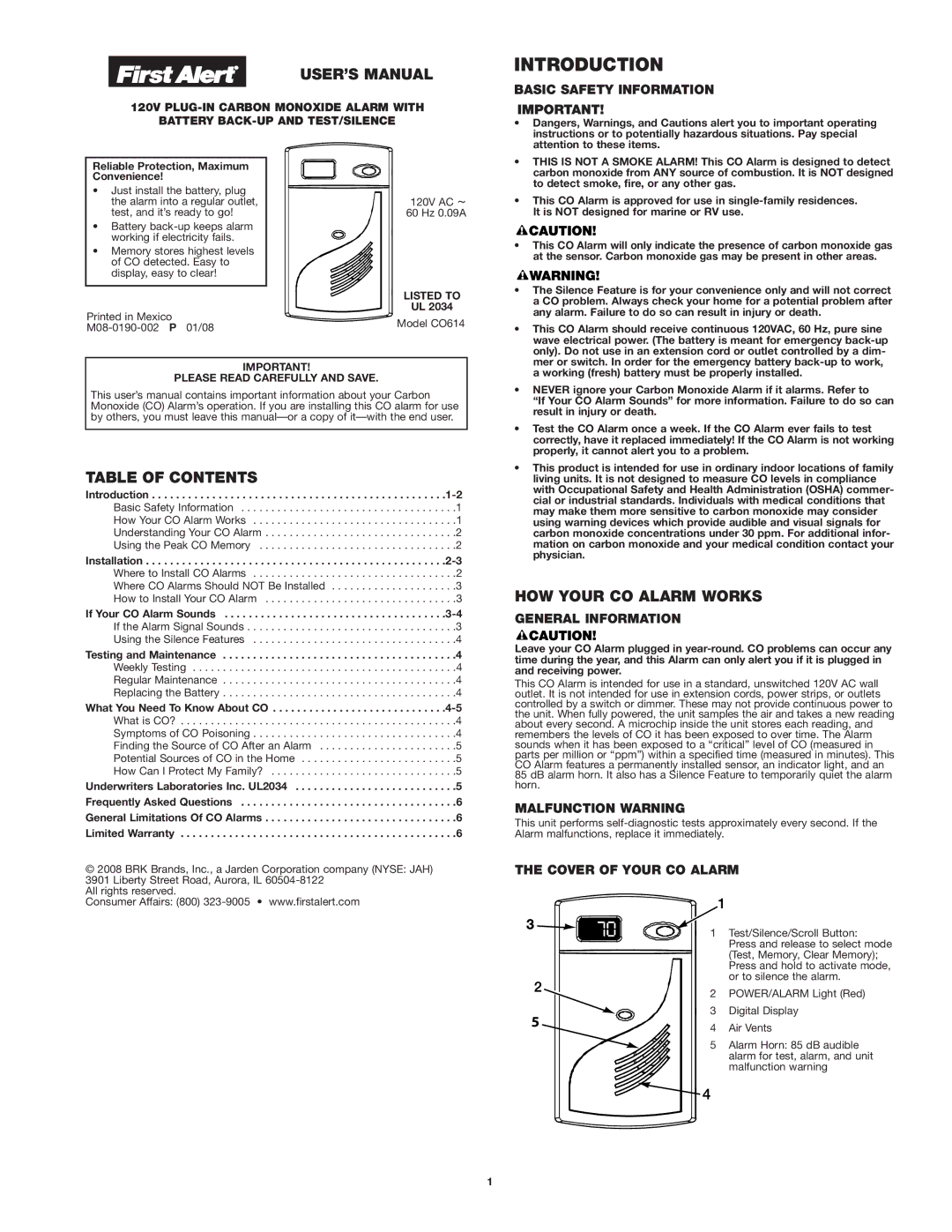 First Alert co614 user manual Introduction, USER’S Manual, Table of Contents, HOW Your CO Alarm Works 