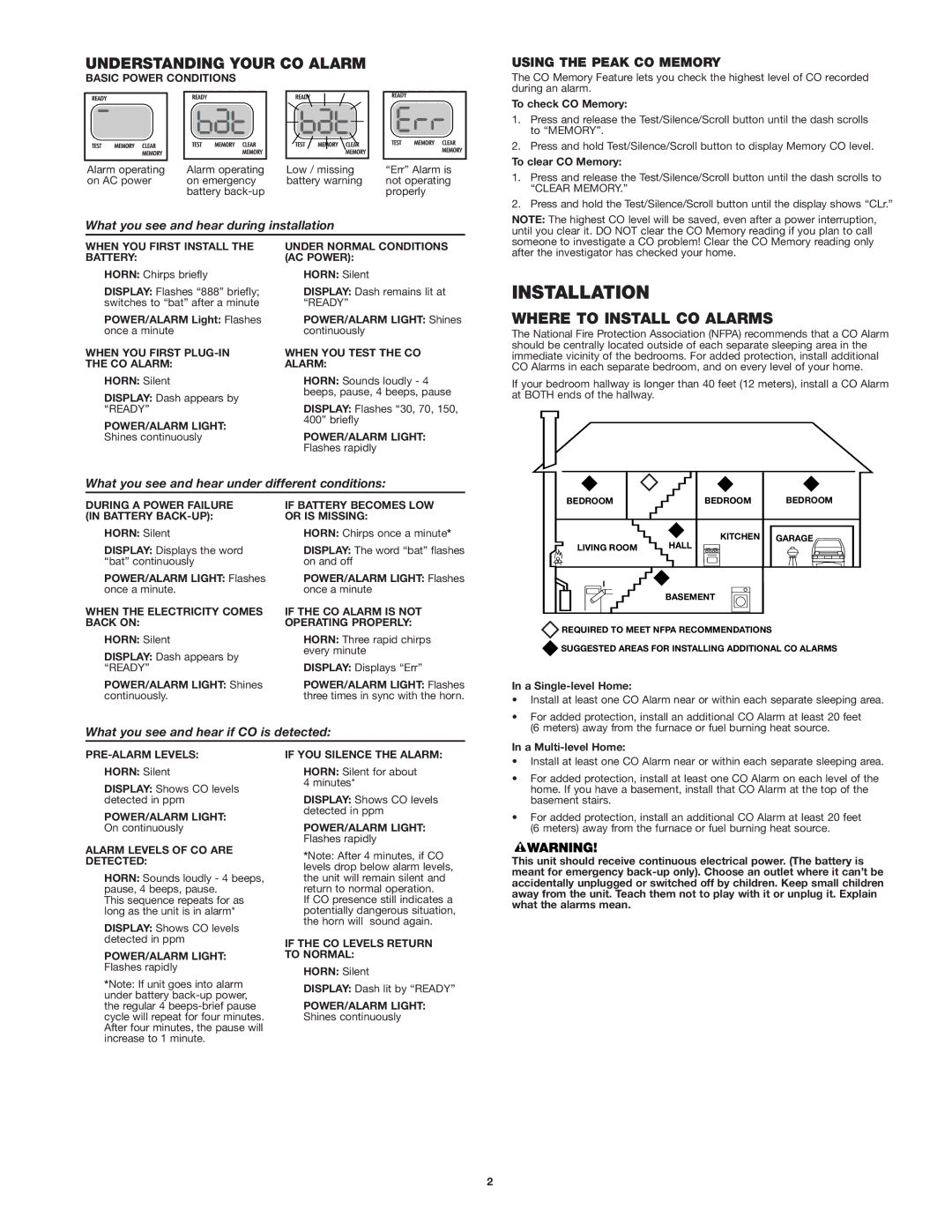 First Alert co614 Installation, Understanding Your CO Alarm, Where to Install CO Alarms, Using the Peak CO Memory 