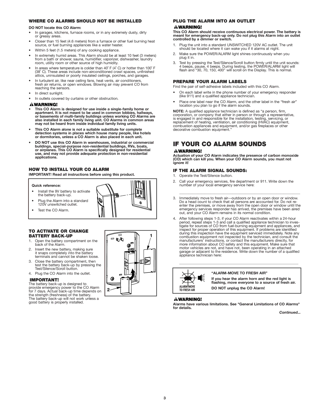 First Alert co614 user manual If Your CO Alarm Sounds 