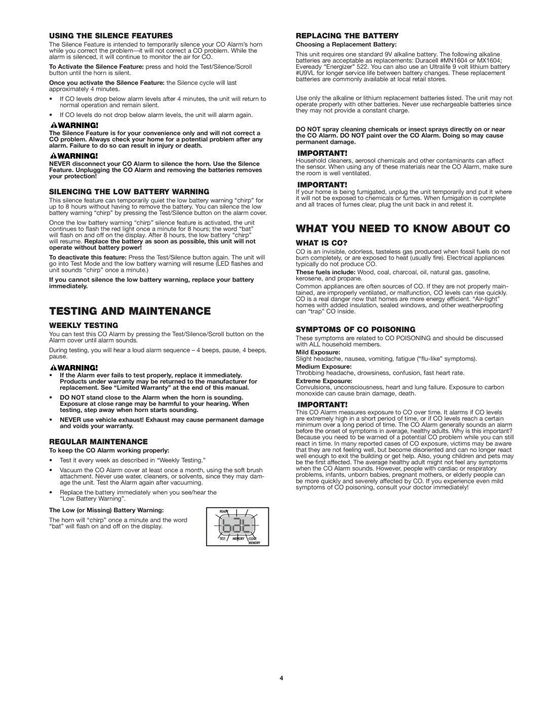 First Alert co614 user manual Testing and Maintenance, What YOU Need to Know about CO 