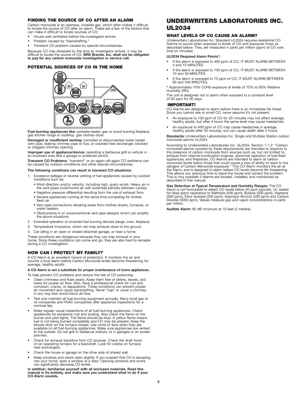 First Alert co614 user manual Underwriters Laboratories INC. UL2034, Finding the Source of CO After AN Alarm 