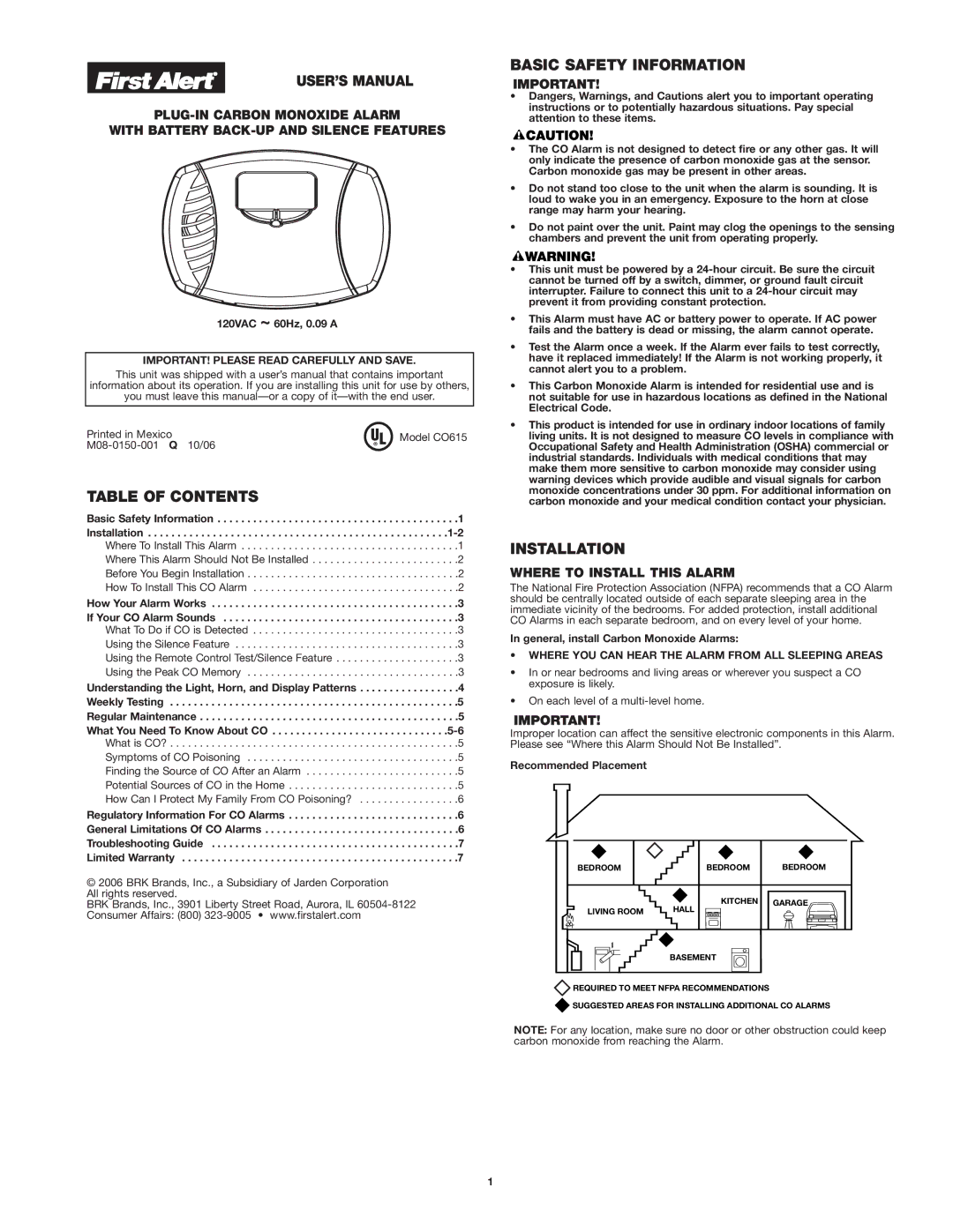 First Alert CO615 user manual USER’S Manual, Table of Contents, Basic Safety Information, Installation 