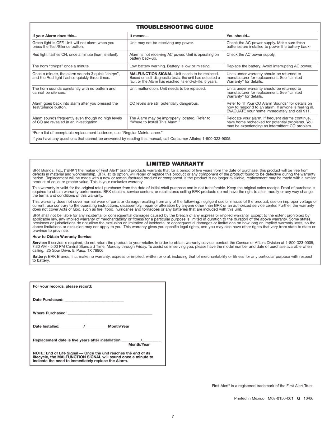 First Alert CO615 user manual Troubleshooting Guide, Limited Warranty, If your Alarm does this It means You should 