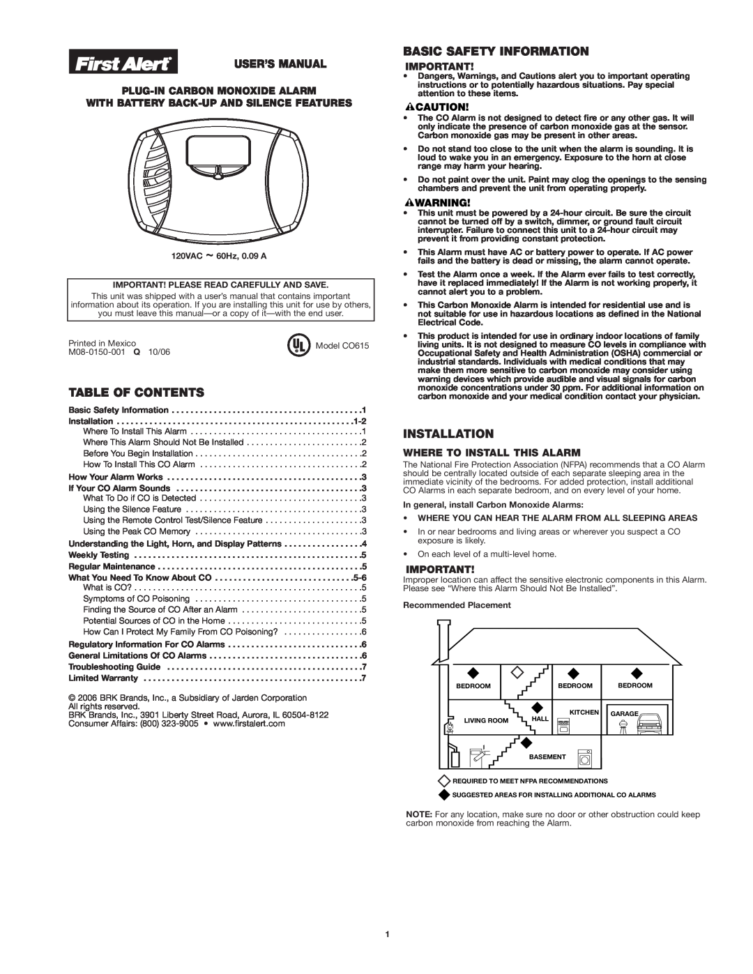 First Alert CO615 user manual Table Of Contents, Basic Safety Information, Installation, Plug-Incarbon Monoxide Alarm 