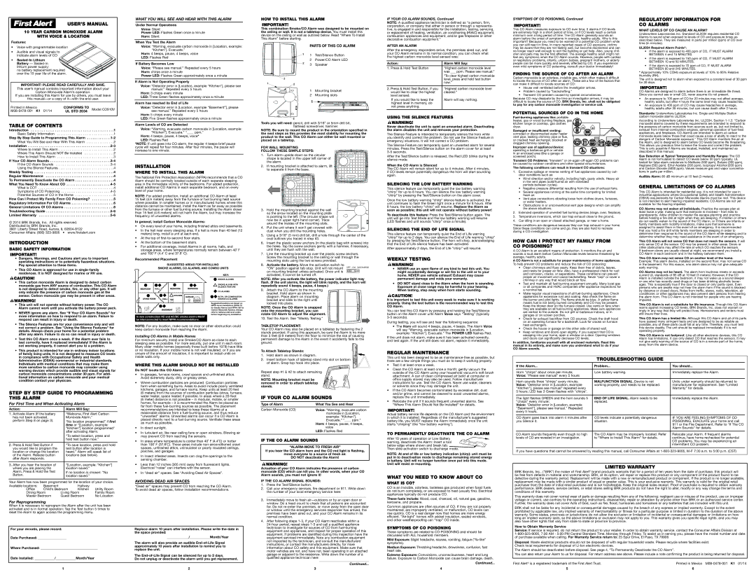 First Alert CO910V user manual USER’S Manual, Table of Contents, Introduction, Installation, Weekly Testing 