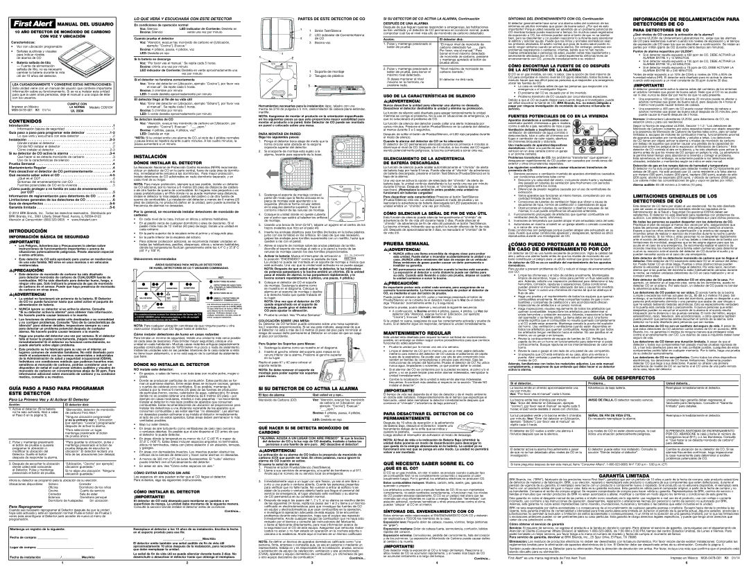 First Alert CO910V Manual DEL Usuario, Contenidos, Introducción, Instalación, Prueba Semanal, Mantenimiento Regular 