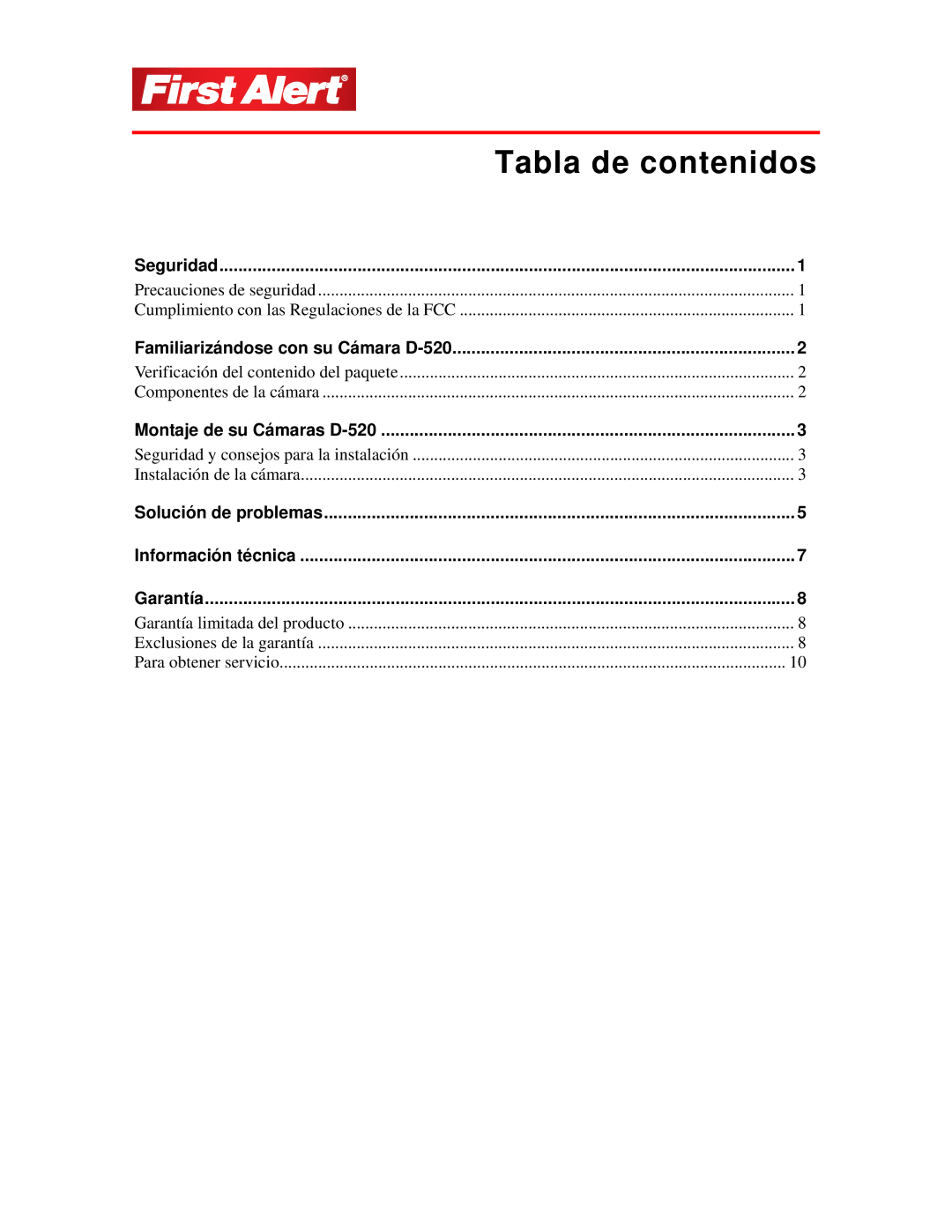 First Alert D-520 user manual Tabla de contenidos 