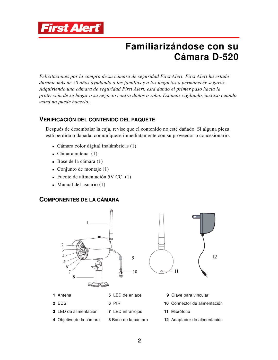 First Alert Familiarizándose con su Cámara D-520, Verificación DEL Contenido DEL Paquete, Componentes DE LA Cámara 