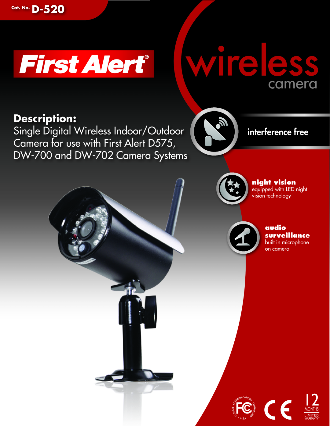 First Alert manual camera, Description, interference free, night vision, audio surveillance, Cat. No. D-520, Months 