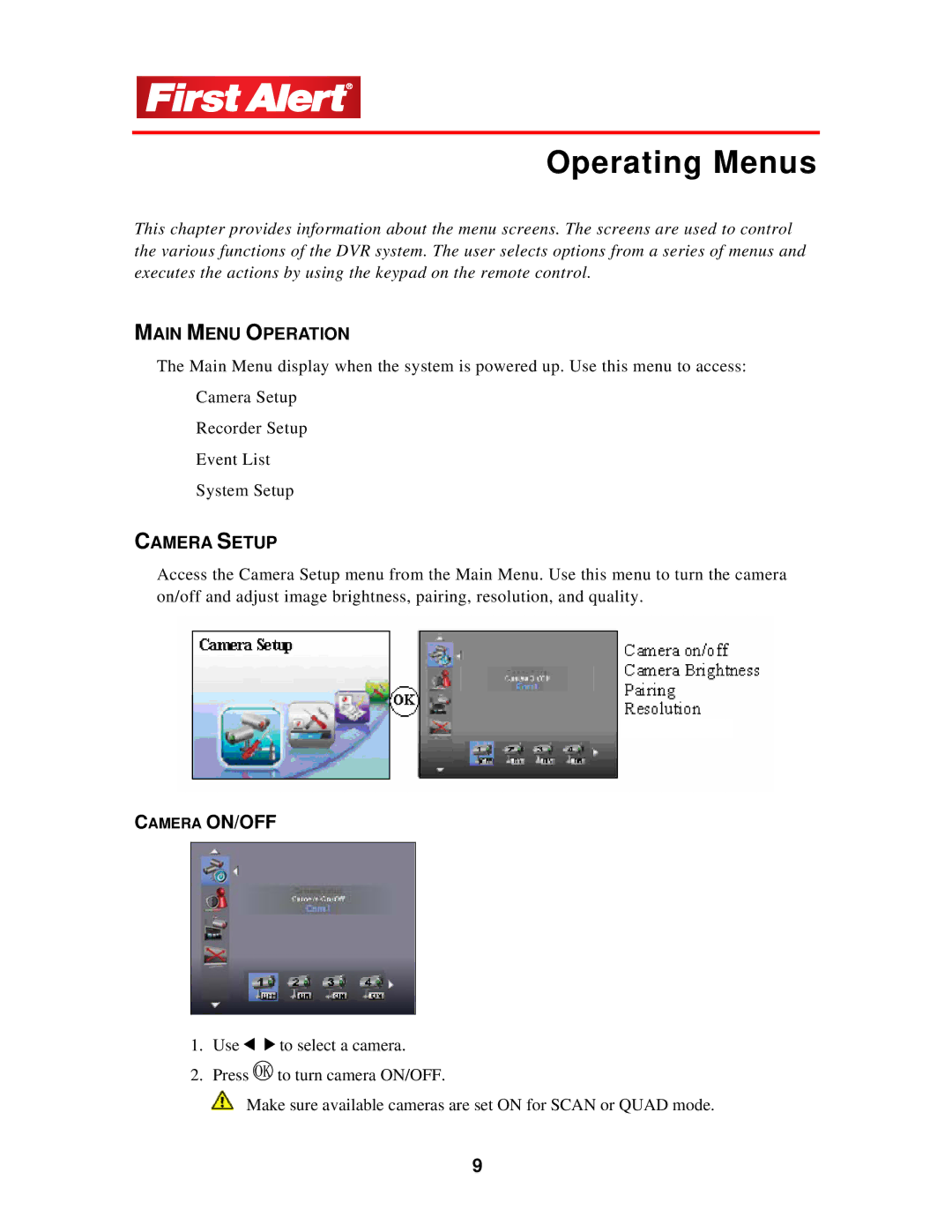 First Alert D575 user manual Operating Menus, Main Menu Operation, Camera Setup 