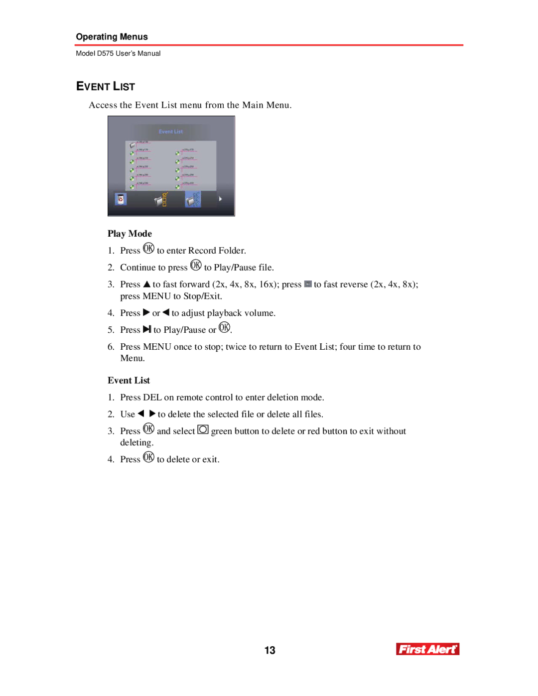 First Alert D575 user manual Event List, Play Mode 