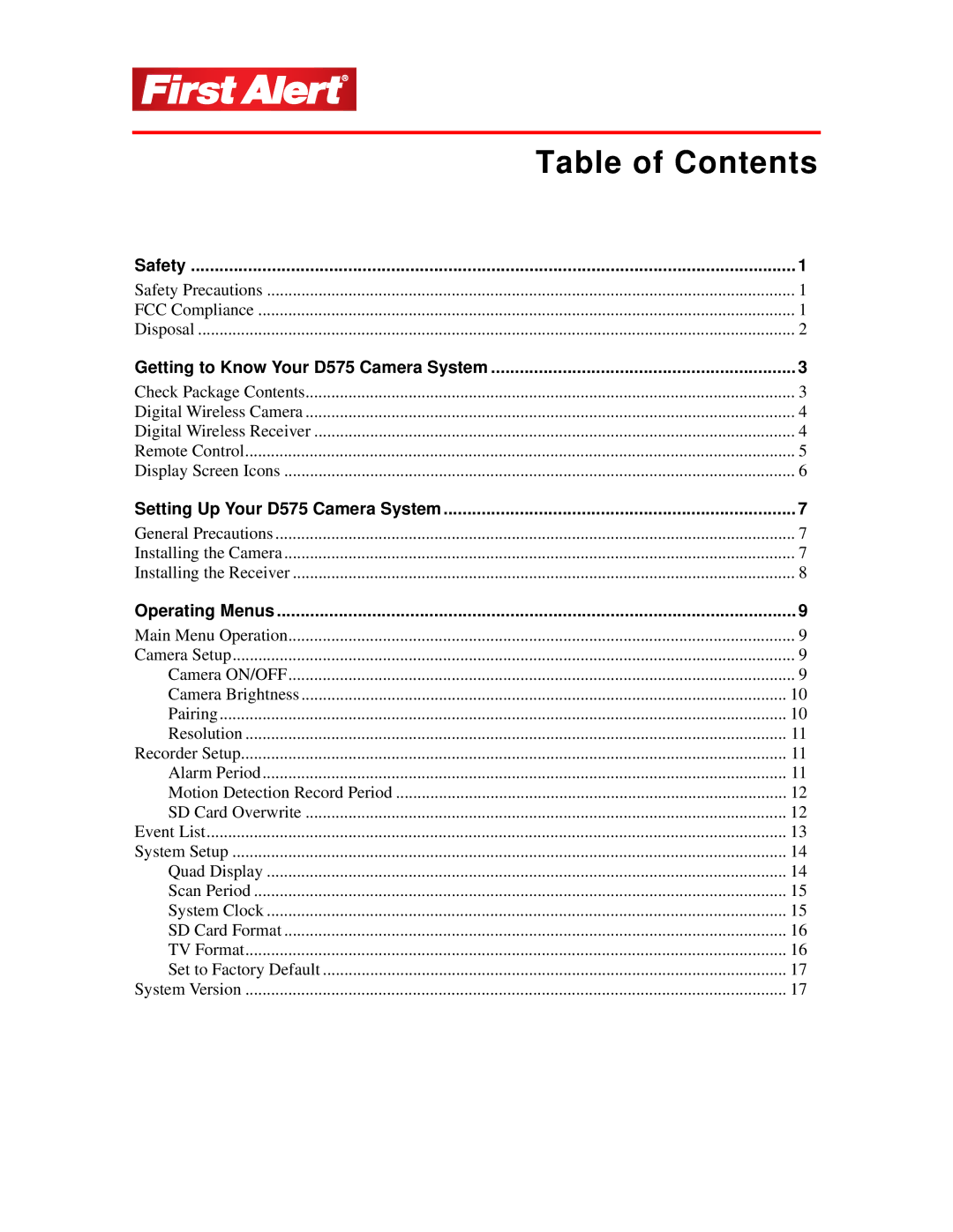 First Alert D575 user manual Table of Contents 