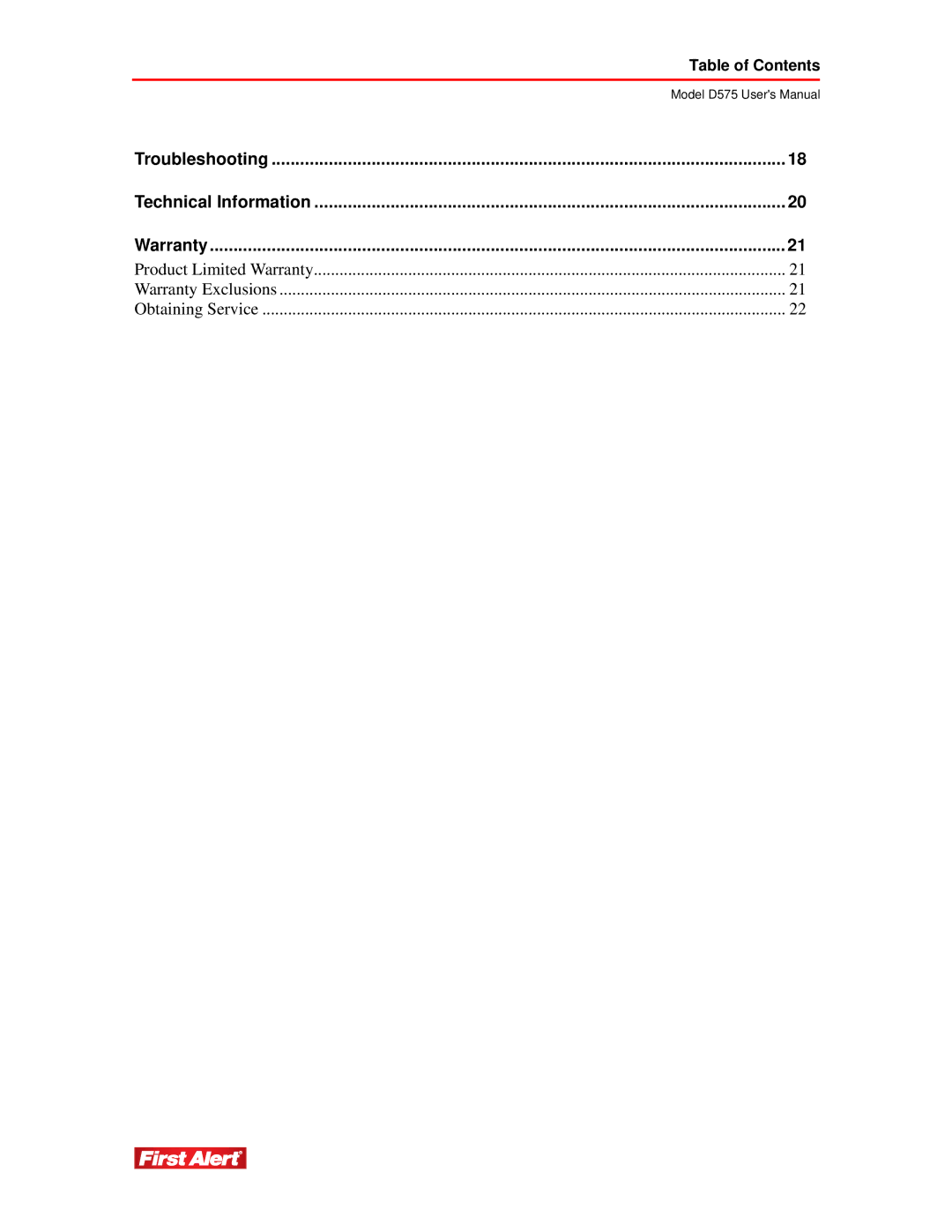 First Alert D575 user manual Table of Contents 