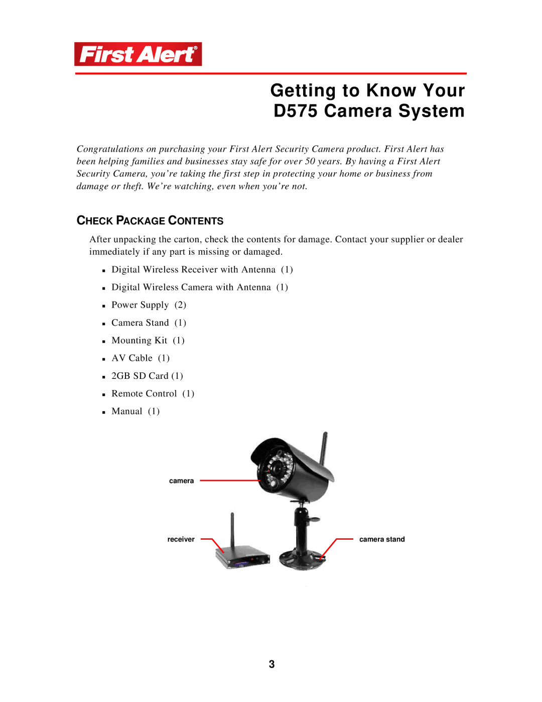 First Alert user manual Getting to Know Your D575 Camera System, Check Package Contents 