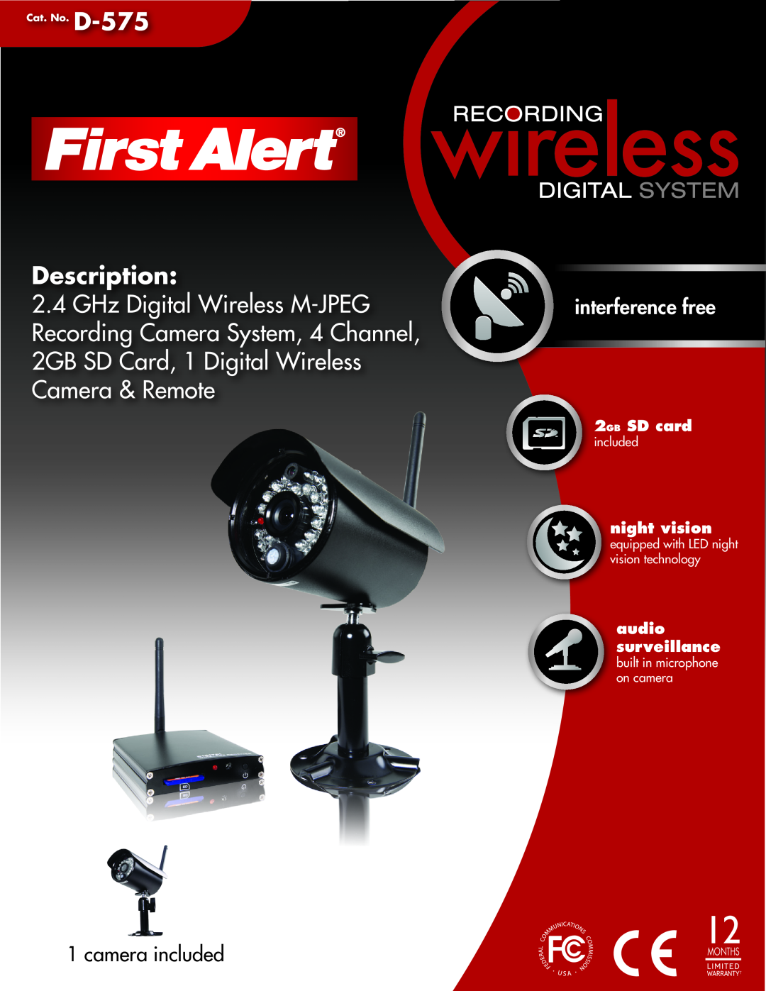First Alert D575 manual Description, interference free, camera included, night vision, audio surveillance, Cat. No. D-575 