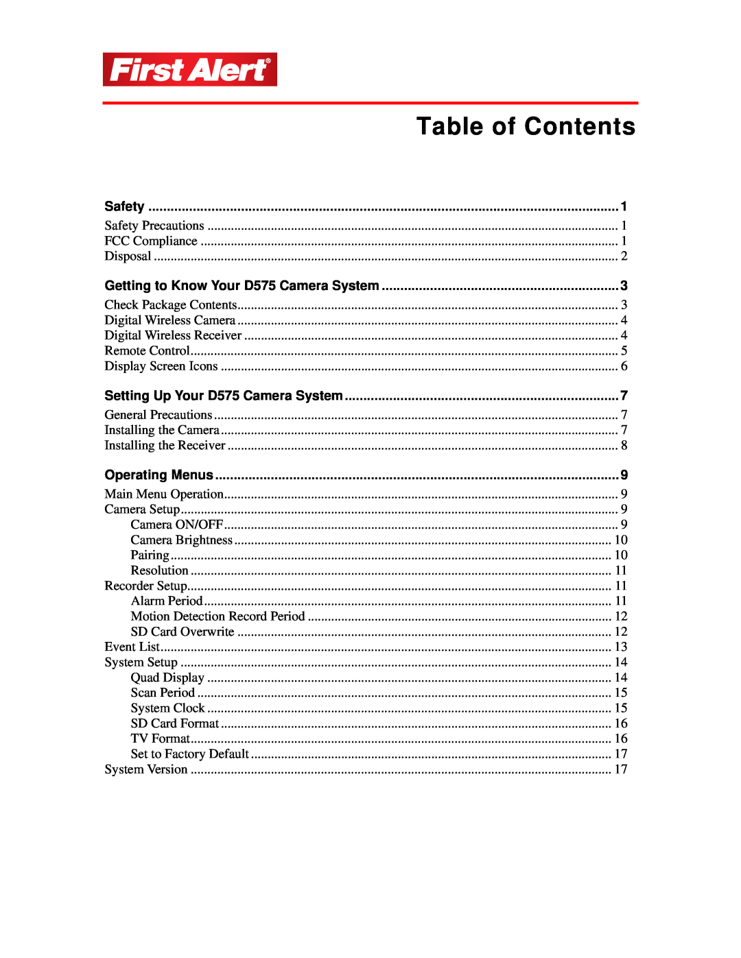 First Alert user manual Table of Contents, Safety, Setting Up Your D575 Camera System 