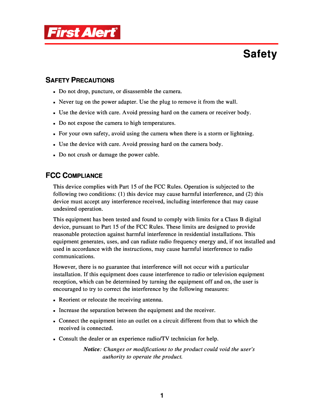 First Alert D575 user manual Safety Precautions, Fcc Compliance 
