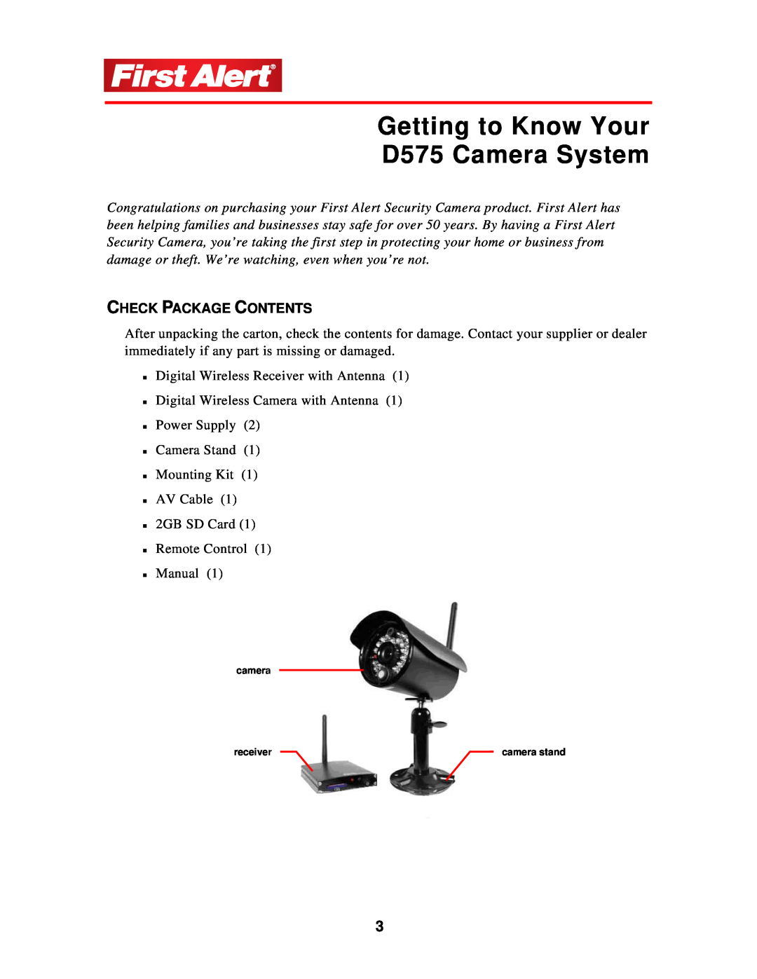 First Alert user manual Getting to Know Your D575 Camera System, Check Package Contents 