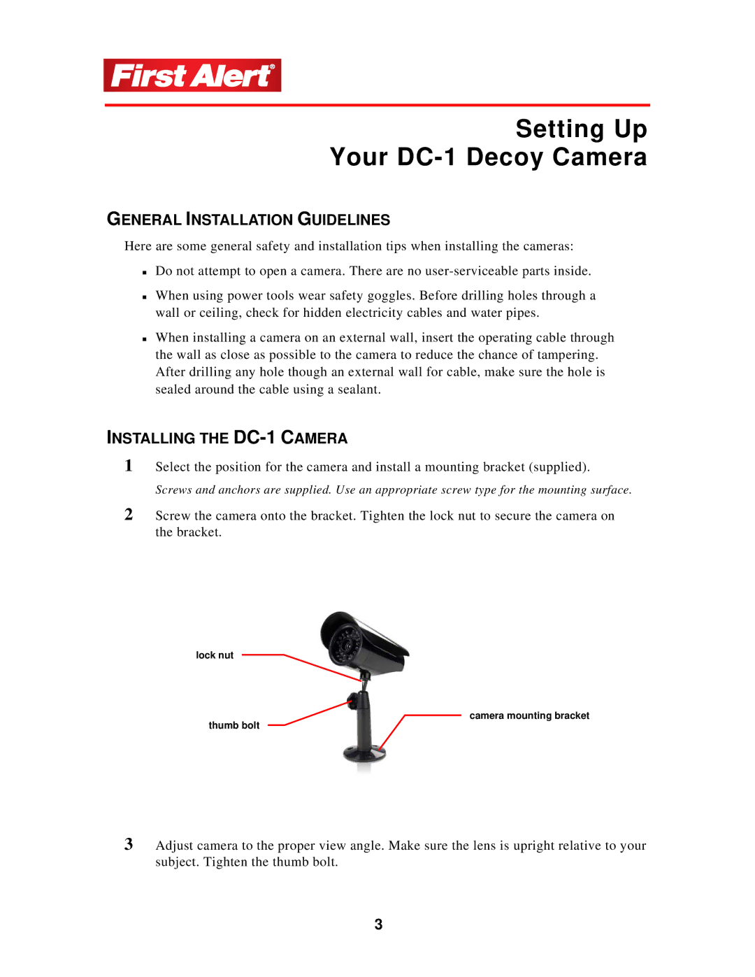 First Alert user manual Setting Up Your DC-1 Decoy Camera, General Installation Guidelines, Installing the DC-1 Camera 