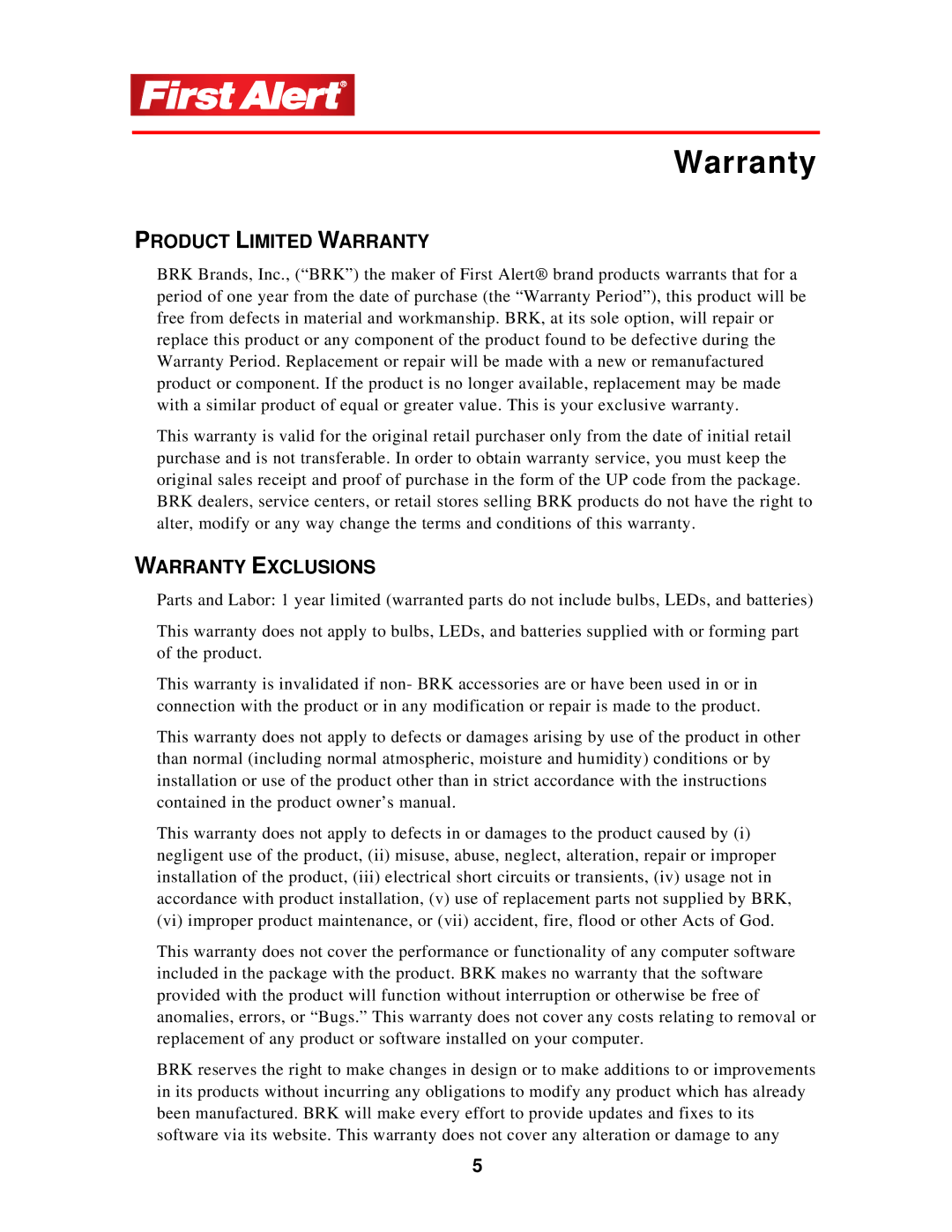 First Alert DC-1 user manual Product Limited Warranty, Warranty Exclusions 