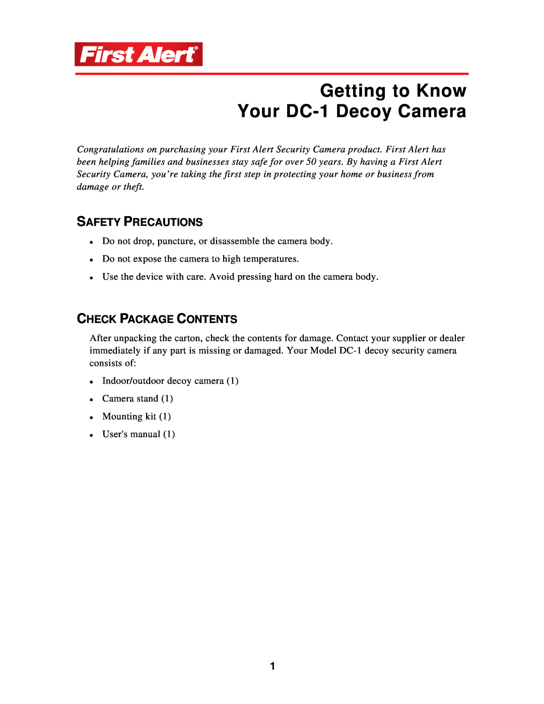 First Alert user manual Getting to Know Your DC-1 Decoy Camera, Safety Precautions, Check Package Contents 