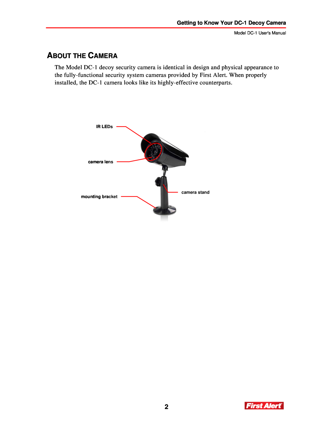 First Alert user manual About The Camera, Getting to Know Your DC-1 Decoy Camera, Model DC-1 Users Manual, camera stand 