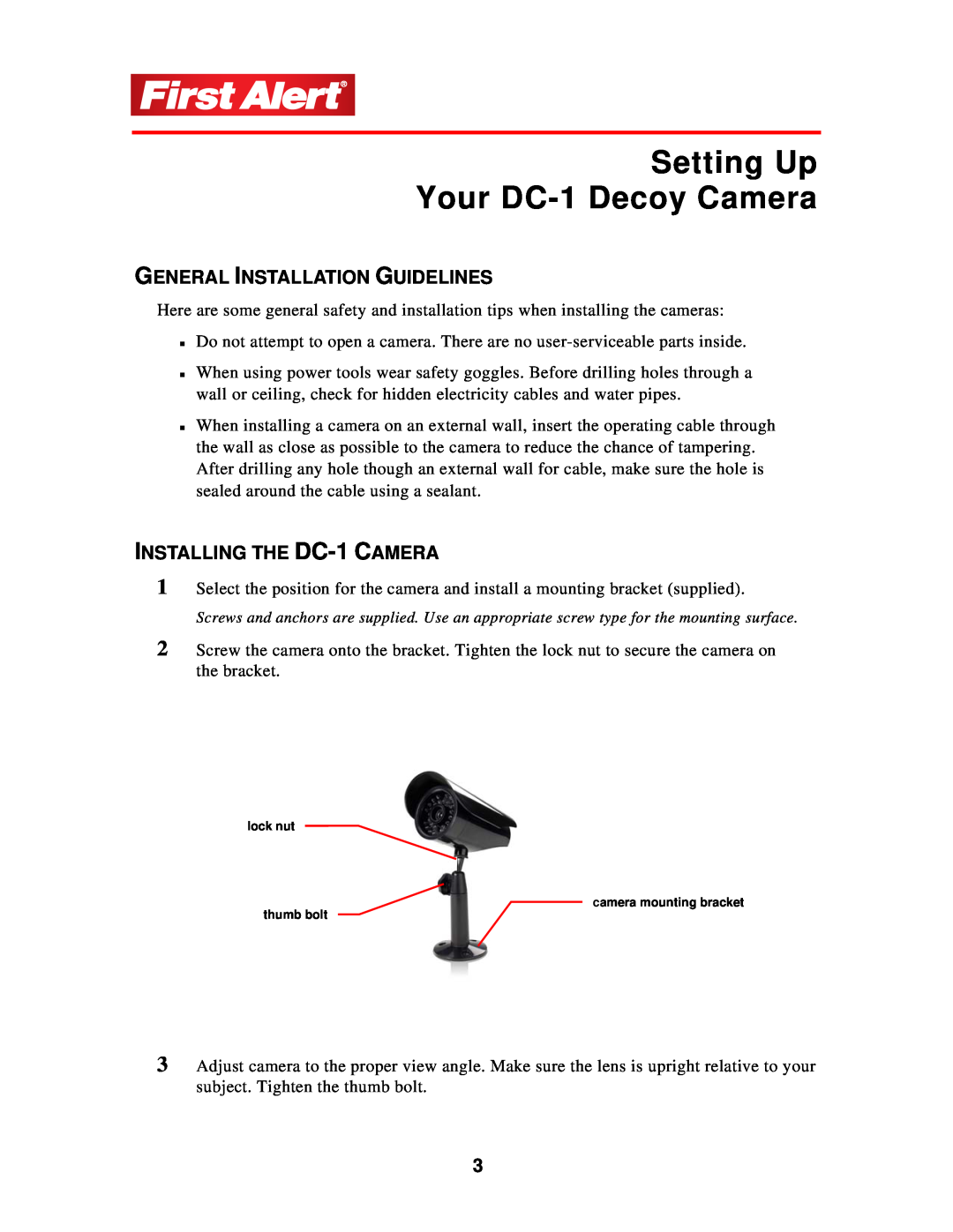 First Alert user manual Setting Up Your DC-1 Decoy Camera, General Installation Guidelines, INSTALLING THE DC-1 CAMERA 