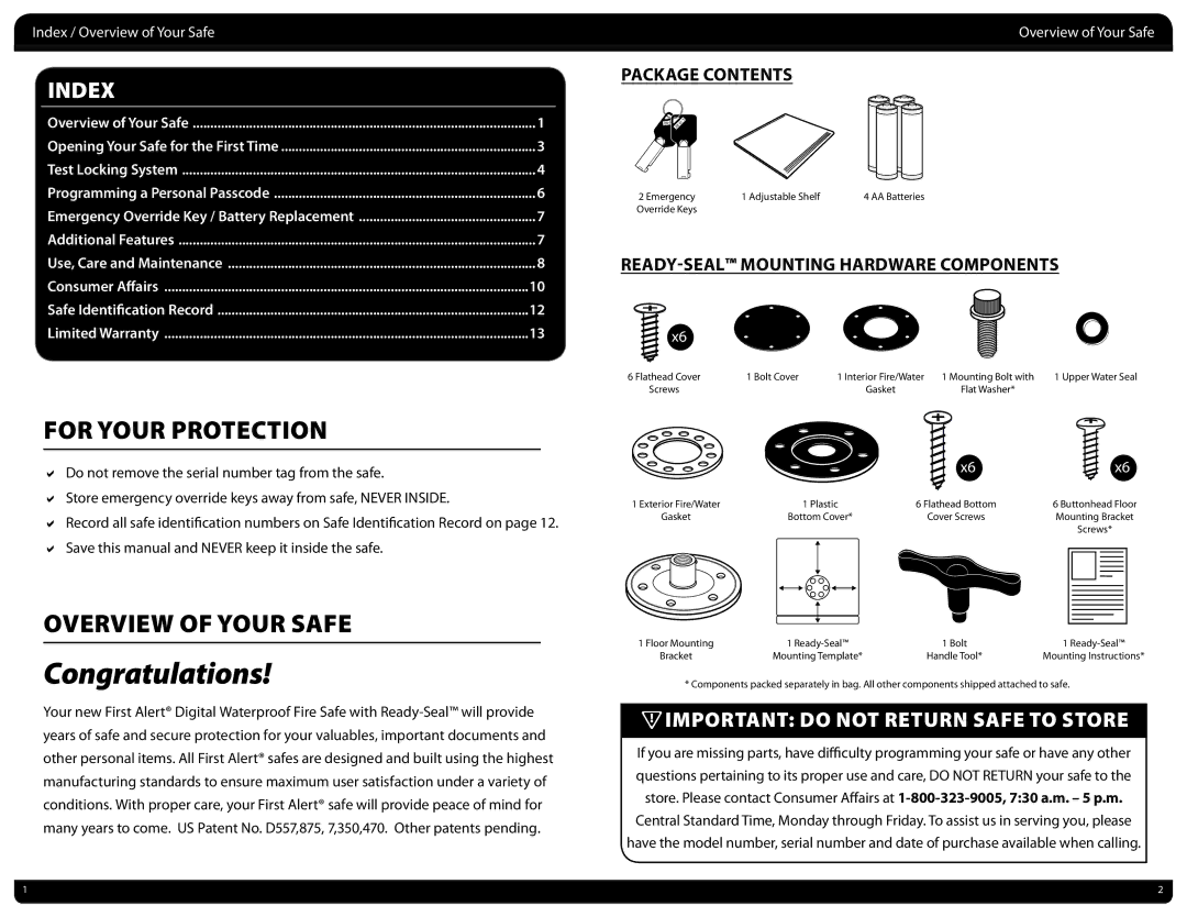 First Alert digital waterproof fire safe with ready-seal manual For Your Protection, Overview of Your Safe 