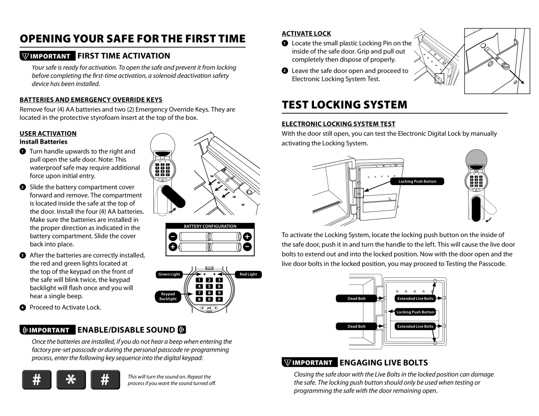 First Alert digital waterproof fire safe with ready-seal manual Opening Your Safe for the First Time, Test Locking System 