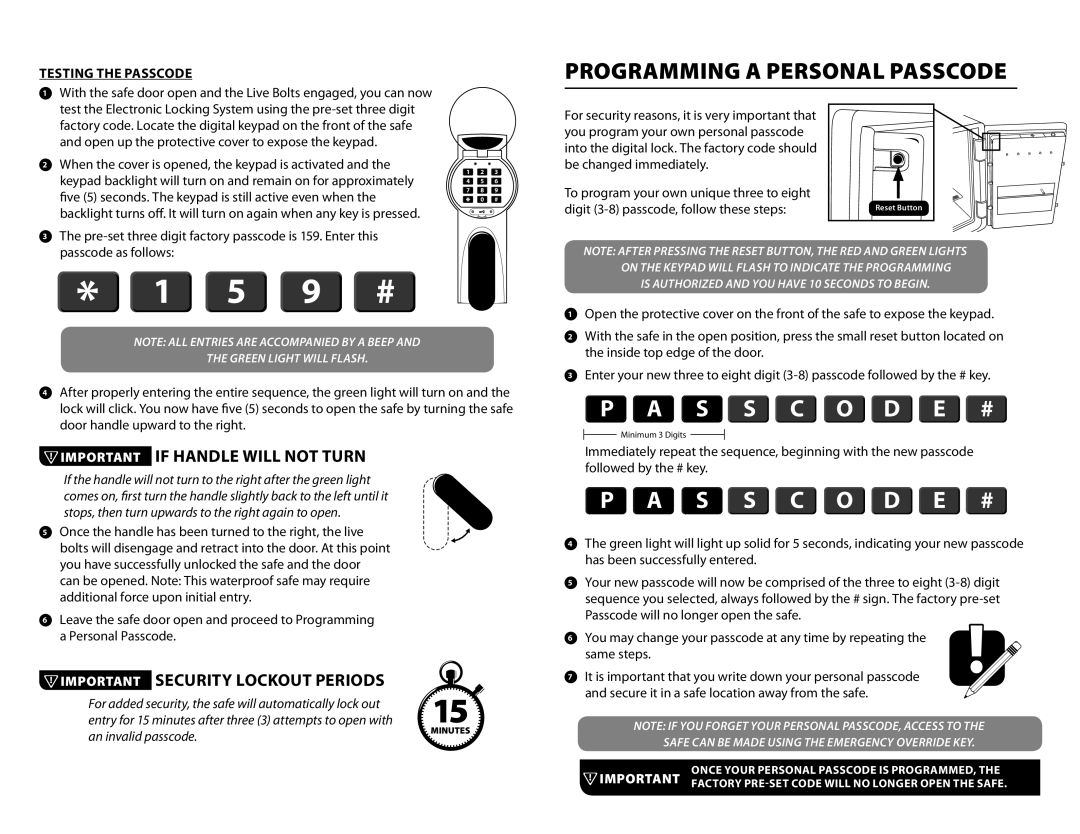 First Alert digital waterproof fire safe with ready-seal manual Programming a Personal Passcode, Testing the Passcode 