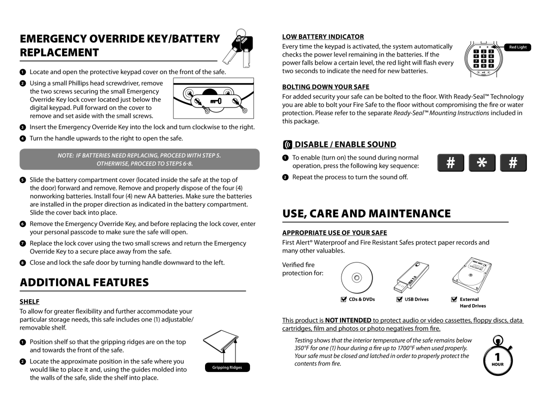 First Alert digital waterproof fire safe with ready-seal Emergency Override KEY/BATTERY Replacement, Additional Features 