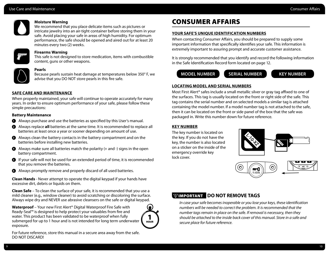 First Alert digital waterproof fire safe with ready-seal manual Consumer Affairs, Important do not Remove Tags 