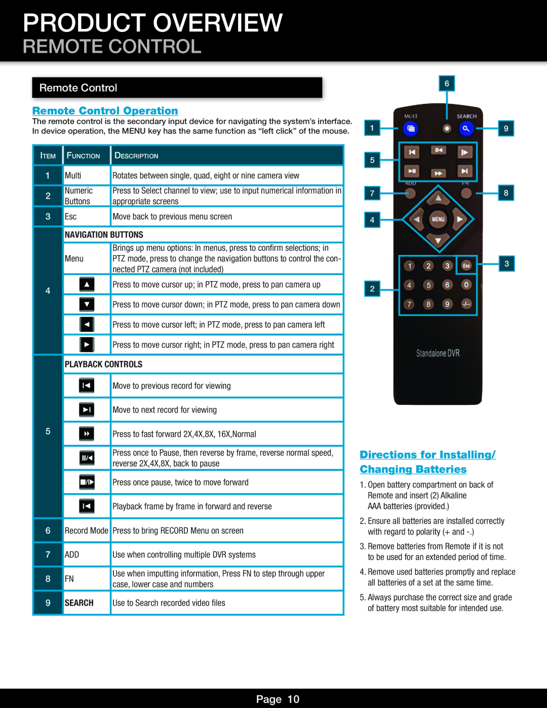 First Alert DVR0805, DVR0810 user manual Remote Control Operation, Directions for Installing/ Changing Batteries 