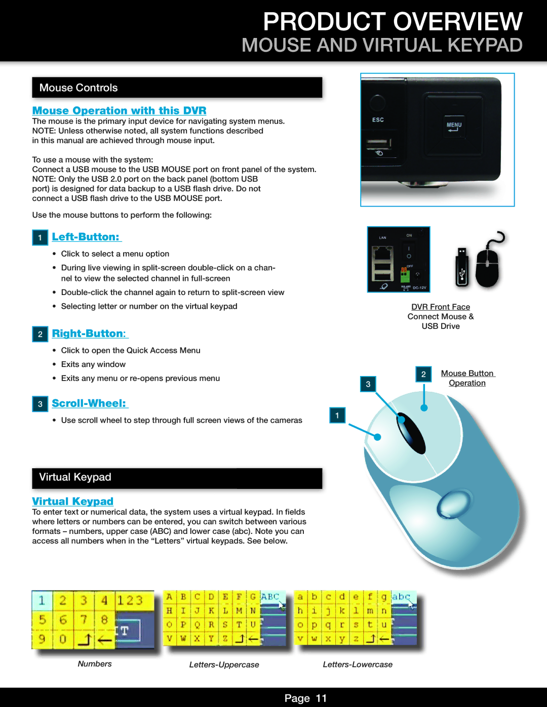 First Alert DVR0810, DVR0805 user manual Mouse and Virtual Keypad 