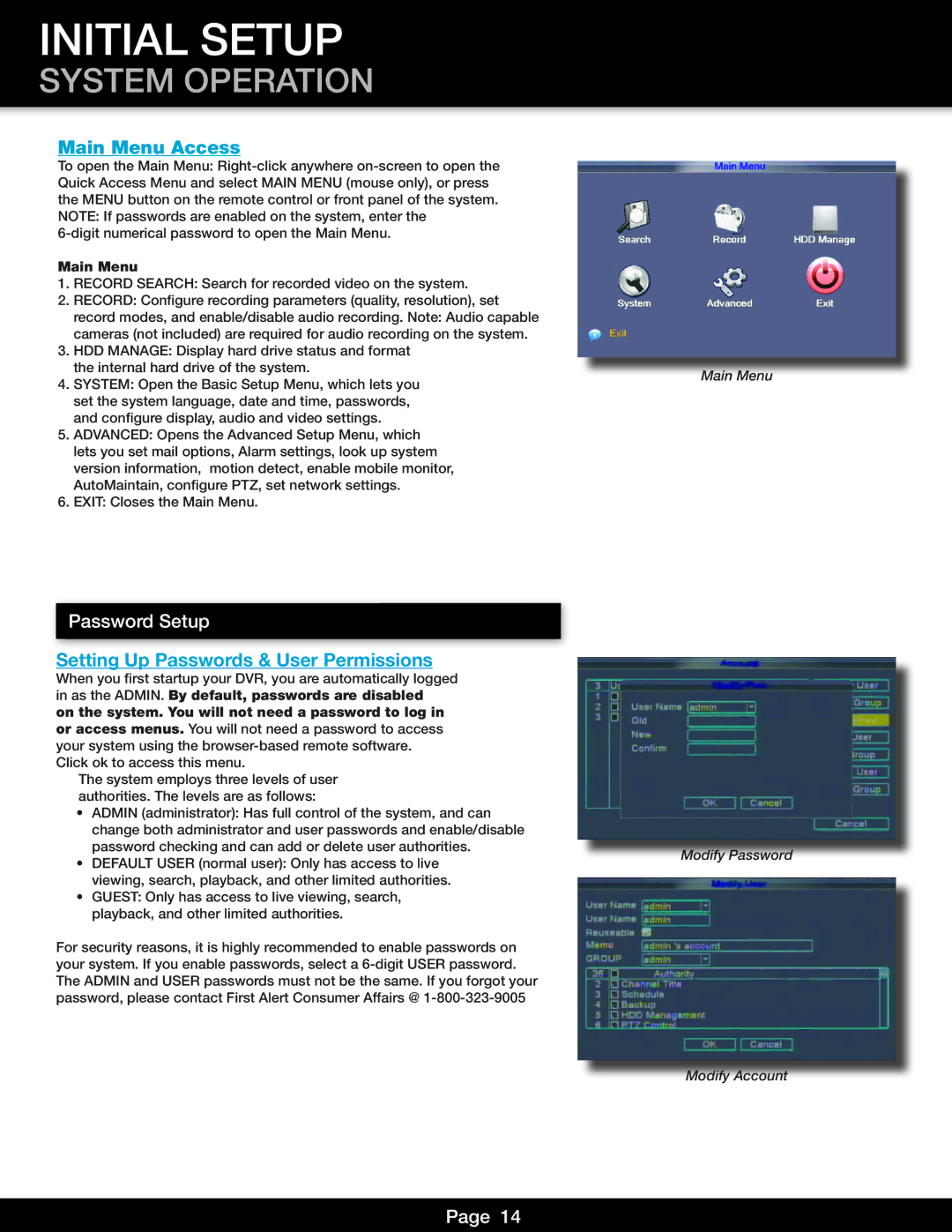 First Alert DVR0805, DVR0810 user manual Main Menu Access, Password Setup, Setting Up Passwords & User Permissions 