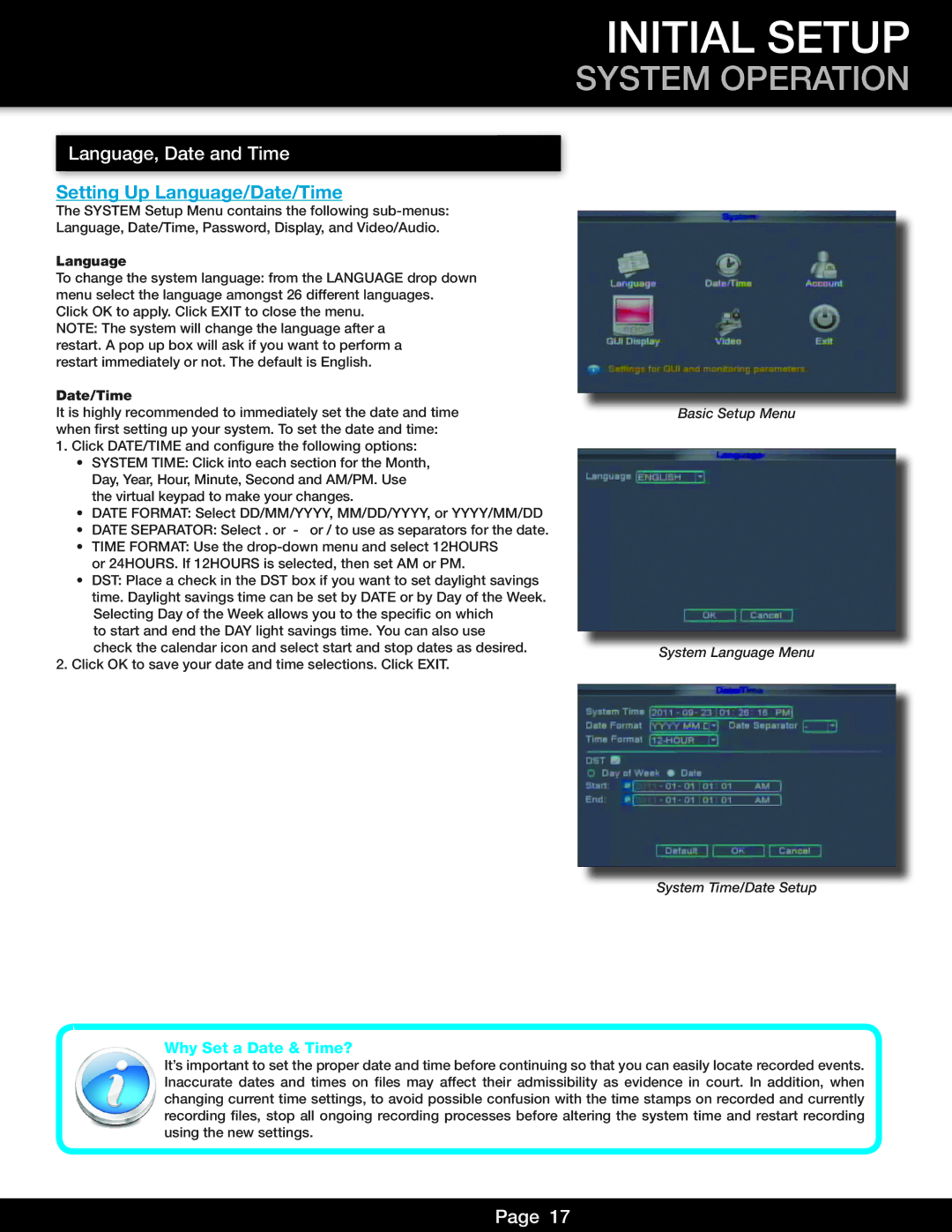 First Alert DVR0810, DVR0805 user manual Language, Date and Time, Setting Up Language/Date/Time, Why Set a Date & Time? 