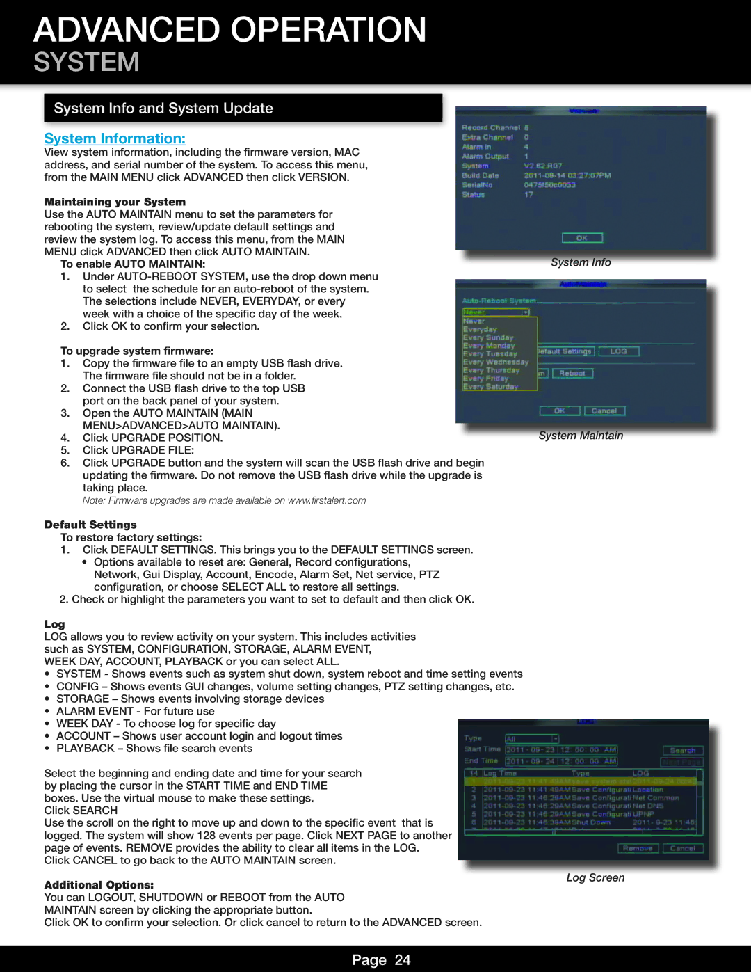 First Alert DVR0805, DVR0810 user manual System Info and System Update, System Information 