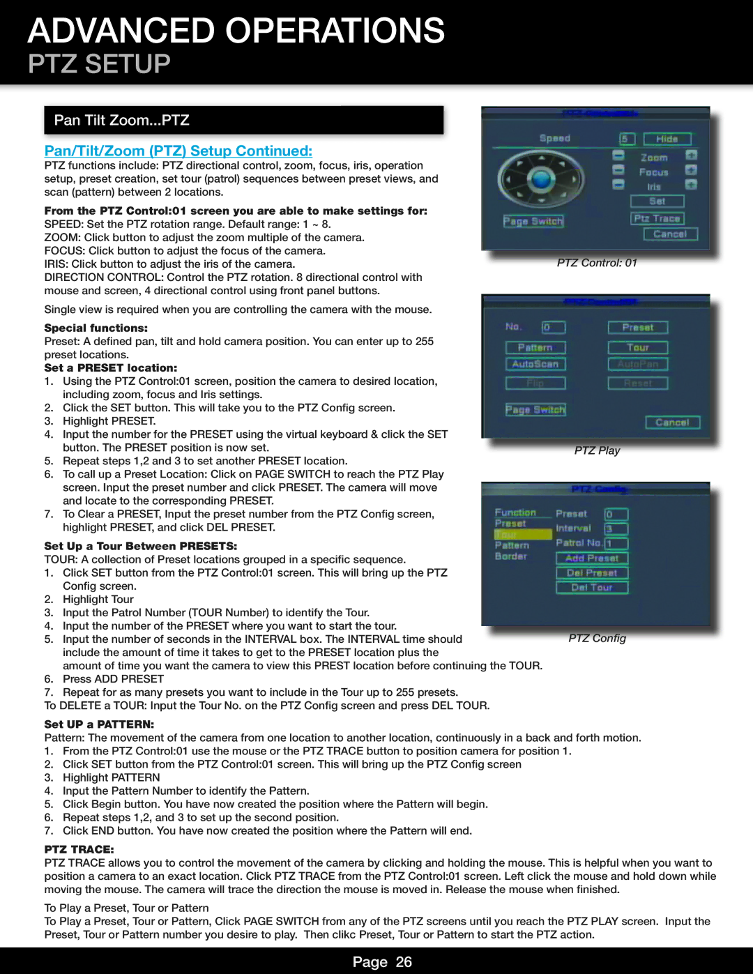 First Alert DVR0805, DVR0810 user manual Advanced Operations, PTZ Setup 