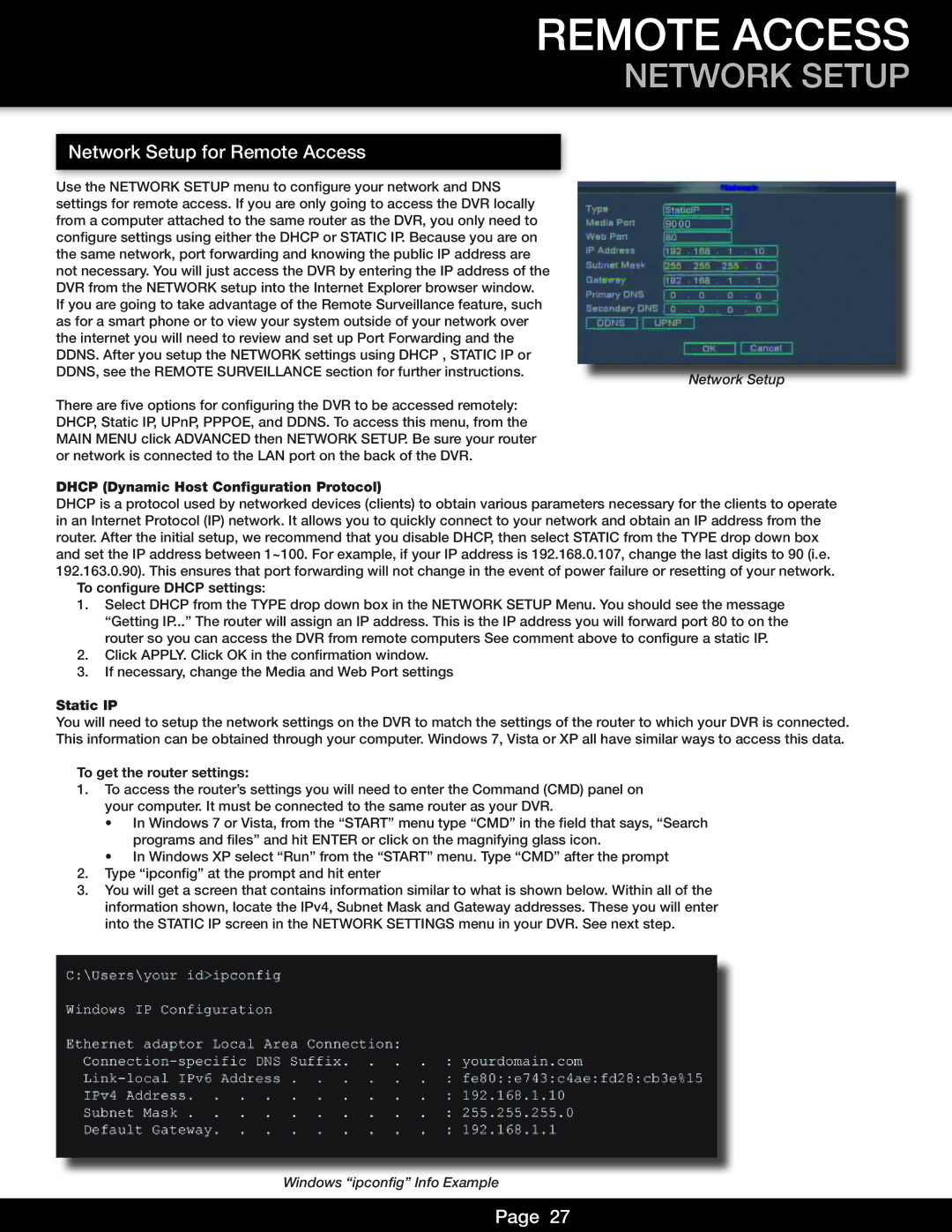 First Alert DVR0810, DVR0805 user manual Network Setup for Remote Access 